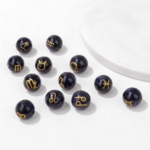 Blue gold sand 10mm beads with golden zodiac signs for DIY jewelry making