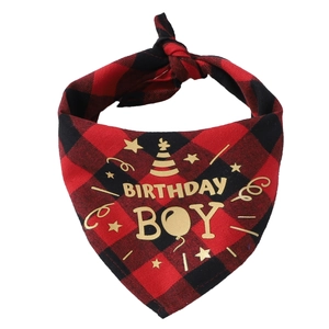 Detail of red and black plaid dog bandana with golden Birthday Boy print and stars