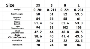Detailed size chart for the striped long sleeve cropped blouse with specific measurements