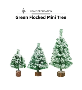 Three-piece set of green flocked Christmas trees with snow effect and wooden bases
