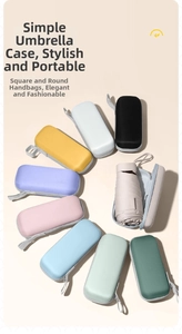 Compact hard-shell umbrella cases in various colors with secure zipper and hand strap