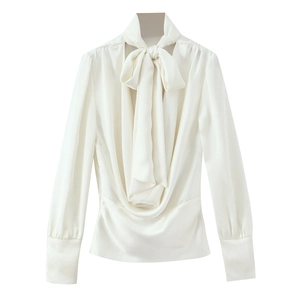 Satin Blouse Long Sleeve Bow Tie Neck Shirt Backless Elegant Solid Color Fashion Office Top For Women