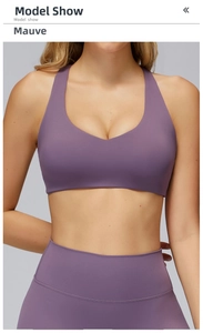 Close-up of Taro Purple brushed yoga bra featuring V-neck and racerback fitness design