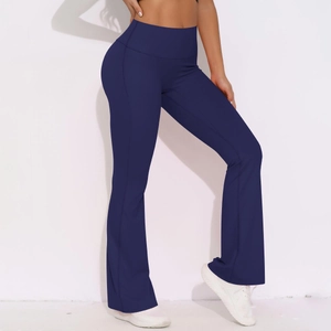 Detail of high waisted flare yoga pants in navy blue with matte elastic support fabric
