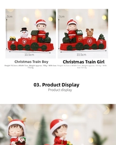 Detailed view of Christmas train figurine ornaments with Santa and reindeer motifs