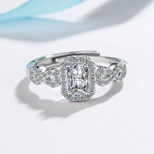 Elegant Copper Plated White Gold Square Rhinestone Ring For Women Adjustable Open Geometric Twist Band Fashion Jewelry