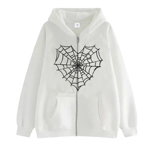 White zip-up hoodie featuring a black heart-shaped spider web print in a streetwear style