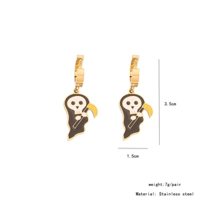Detail view of gold stainless steel hoop earrings with ghost charm and size measurements