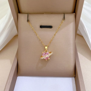 Heart Planet Necklace Stainless Steel Gold Chain Pink Crystal Zircon Inlaid Romantic Elegant Clavicle Jewelry For Women
