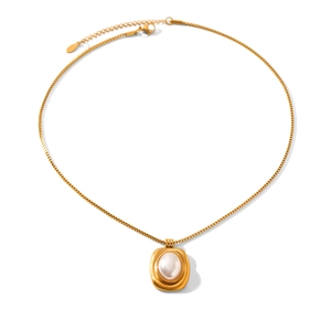 French vintage gold stainless steel necklace featuring a square pendant with white pearl
