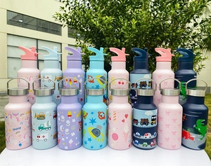 Outdoor display of diverse 350ml double-layer kids vacuum flasks with colorful cartoon designs