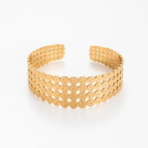 Minimalist gold stainless steel open bangle with hammered texture and hollow circles