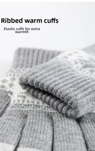 Detail shot of the ribbed elastic wrist cuff on Nordic style knit winter gloves