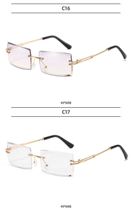 Detail view of rimless rectangular sunglasses in purple gradient and clear lens options