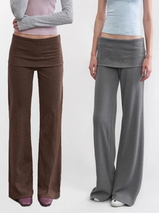 Pantalon Large Femme Taille Rabattue Tricot Micro-Évasé Pantalon Coupe Slim Décontracté Taille Haute Long