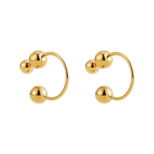 18K gold spherical C-shaped stud earrings featuring a versatile punk style double ball design