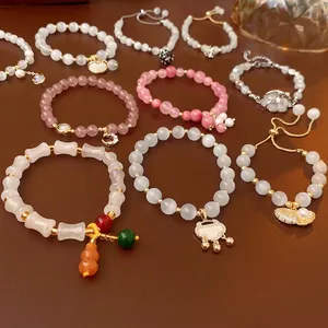 Beaded Bracelet For Women With Artificial Strawberry Quartz Cat Eye Stone And Artificial Pearls Elegant Light Luxury Fashion Jewelry Accessory