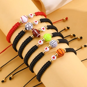 Adjustable braided sports bracelets featuring soccer, tennis, and rugby charms for couples