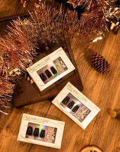 Detailed view of dark brown and silver glitter press-on nail sets in premium packaging