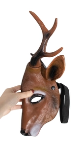 Close-up of realistic brown deer mask with textured antlers and elastic headband details