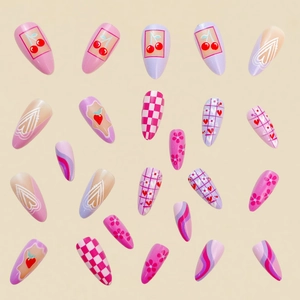 Almond fake nails with heart and cherry patterns in pink and purple colors