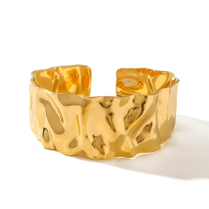 Chic 18K gold plated wide cuff bangle with textured hammered finish on stainless steel