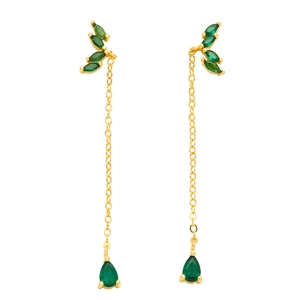 Elegant gold tassel earrings with leaf-shaped green zircon and pear-cut gemstone drops