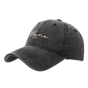 Washed dark grey cotton baseball cap with pink Mama embroidery and heart detail