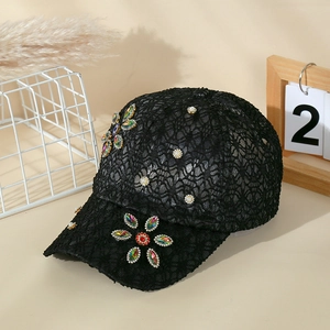 Casquette De Baseball En Dentelle Pour Femmes Strass Künstliche Perle Décor De Fleurs Respirant Protection Solaire Mode Chapeau De Soleil