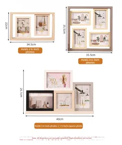 Detailed size specifications for multi-grid wooden photo frames in various layouts