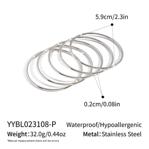 Detail of six silver stainless steel bangles with product specs and waterproof features