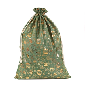 Green Christmas burlap gift bag with gold foil snowflake and ornament patterns