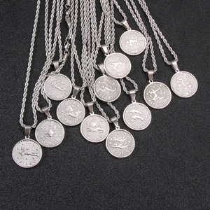 Twelve zodiac sign round pendant necklaces in silver finish with twisted chain style