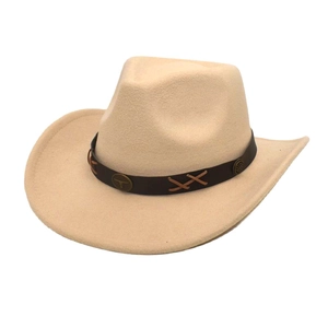 Classic beige felt western cowboy hat with vintage brown leather band and metallic buckle