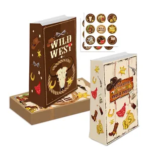 Sacs cadeaux en kraft et autocollants thème Cowboy Wild West avec motifs crâne et insigne