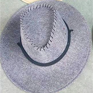 Men's grey summer cowboy hat with woven straw texture and rustic black rope decoration