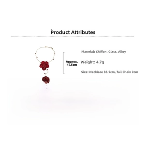 Detail showing red chiffon flower pendant size and dimensions on a white background