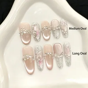 Handmade Press On Nails Pink Cat Eye With 3D Flower Relief Rhinestone Artificial Pearl Decoration Glossy Reusable Elegant For Women