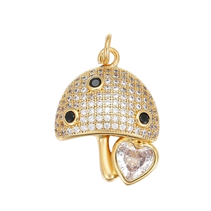 14K gold mushroom pendant with micro-pave zircons and heart-shaped gemstone