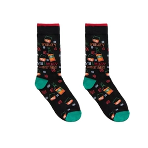 Detail of Christmas crew socks with festive whiskey bottles and snowflake patterns