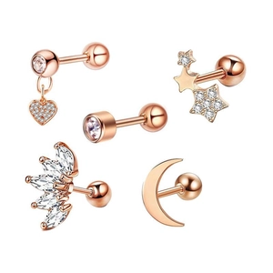 Detailed set of five rose gold geometric stud earrings with sparkling zircon inlay