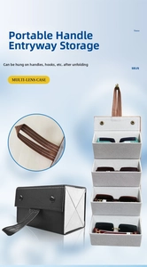 Vertical hanging foldable black PU leather multi-slot glasses case with four compartments