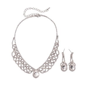 Silver mesh teardrop pendant necklace and earrings set with shimmering crystals