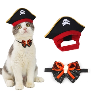 Halloween pirate pet costume set with hat and skull bow tie for cats and small dogs