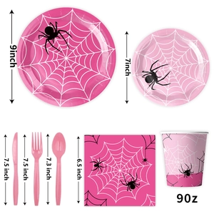 Pink spider web party tableware set with plates, cups, and napkins for festive decoration