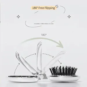 Portable folding hair brush with mirror and 180-degree rotating silver handle for travel