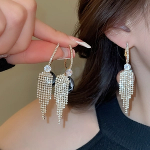 Sparkling Zircon Tassel Earrings With 925 Sterling Silver Earring Post And Marble Pattern Bead Elegant Jewelry For Women