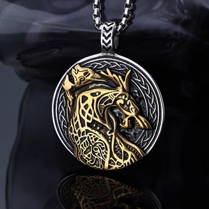 Viking Wolf Head Pendant Necklace 316L Stainless Steel Celtic Totem Black Gold Two Tone Relief Retro Jewelry Men