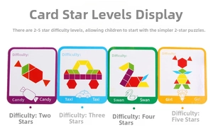 Educational cards for wooden puzzles showing candy, taxi, swan, and girl patterns