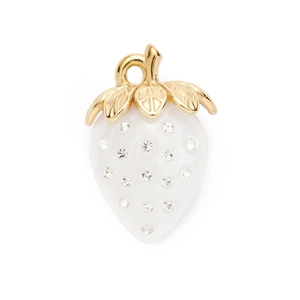 Exquisite white pearl strawberry pendant with golden leaves and sparkling crystal rhinestones